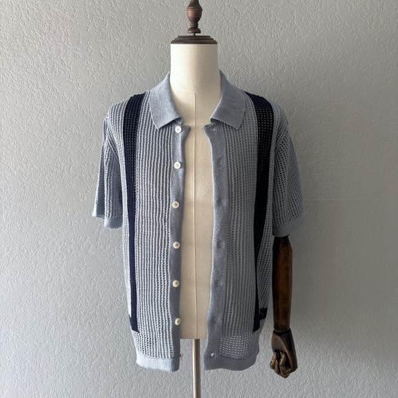 Massive Luxury Other - Massive Luxury Men Size M Blue Crochet Knit Button Down Shirt Polo Short Sleeve